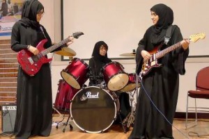 Members of the Al Ain-based rock band Random Stars are, left to right: Bushra Hassan Al Hashimi, 22, rhythm guitar, Aysha Abdullah Almaskari, 21, drums, and Hamda Al Ghaithi, 22, lead guitar. Photo courtesy Patreshia Tkach  Read more: http://www.thenational.ae/news/uae-news/meet-the-first-all-emirati-all-girl-rock-band#ixzz2U0Q64FMR  Follow us: @TheNationalUAE on Twitter | thenational.ae on Facebook